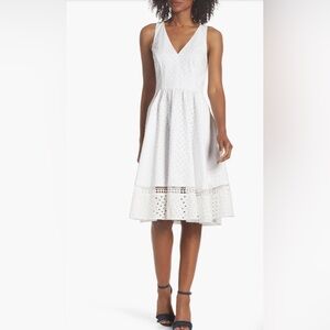 Eliza J Eyelet Bow Back Fit and Flare Dress Sleeveless Pockets White SZ 6